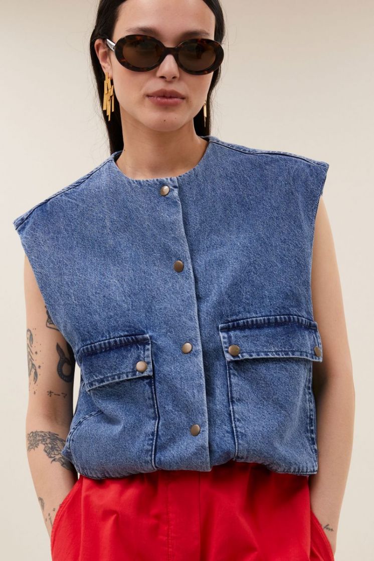 Maggie Denim Sleeveless Jacket 1638-Mid Denim
