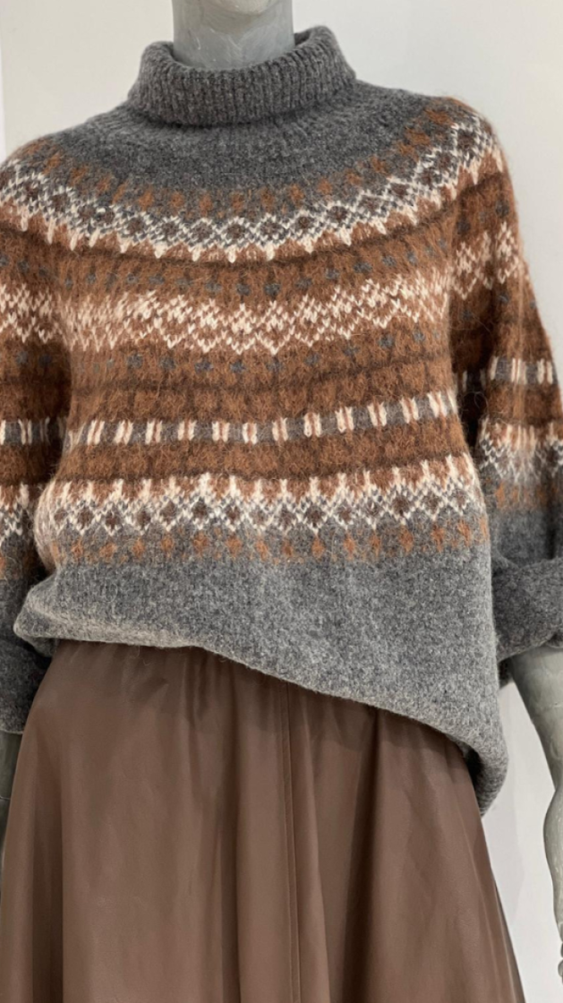 Chunky Fasir Isle Sweater 145-Dark Grey M